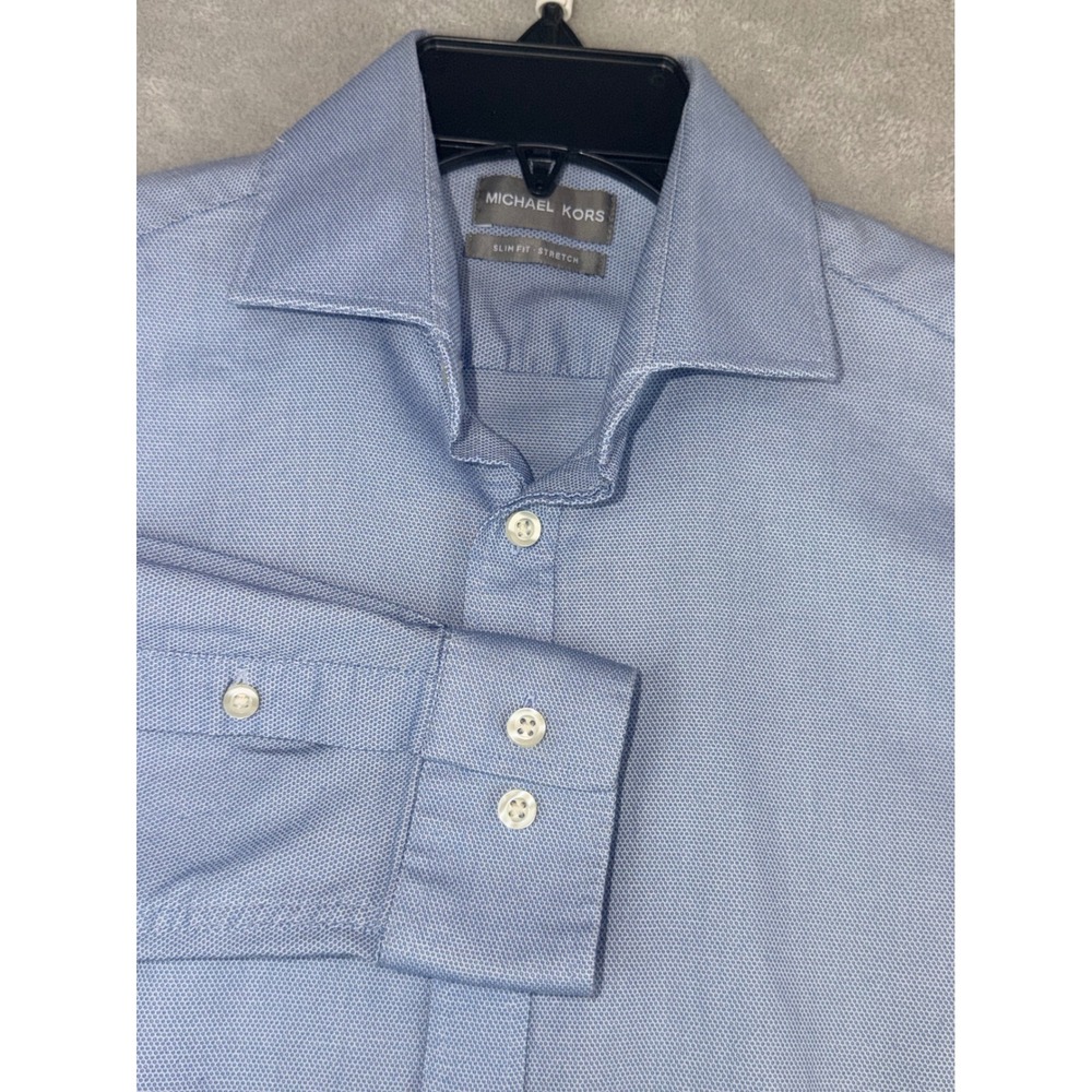 Michael Kors Mens 15X32/33 Slim Fit Stretch Shirt Light Blue Textured